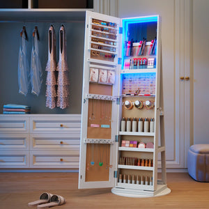 Rotating Jewelry Armoire with Dimmable RGB Lights & Lockable Storage  Wooden Bazar