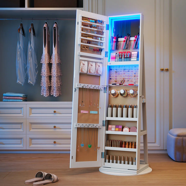 Rotating Jewelry Armoire with Dimmable RGB Lights & Lockable Storage  Wooden Bazar