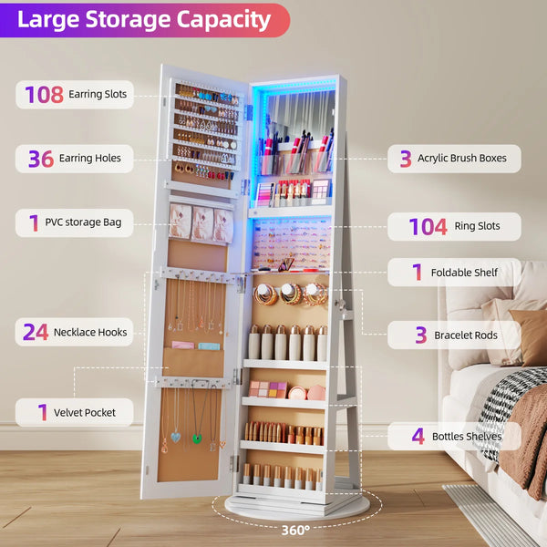 Rotating Jewelry Armoire with Dimmable RGB Lights & Lockable Storage  Wooden Bazar
