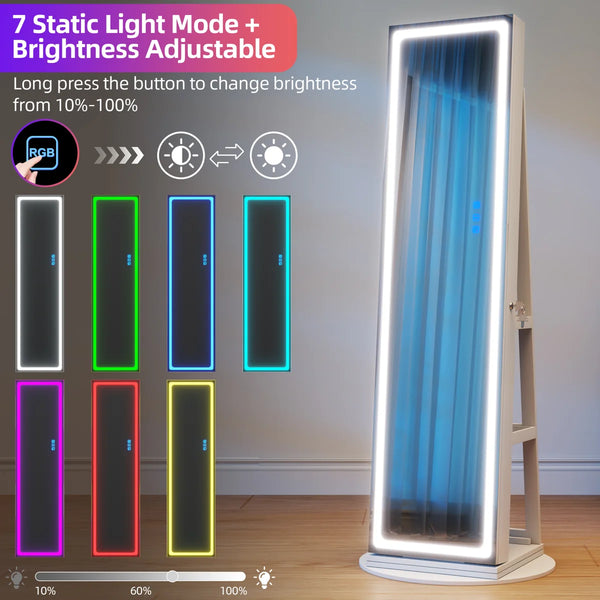 Rotating Jewelry Armoire with Dimmable RGB Lights & Lockable Storage  Wooden Bazar