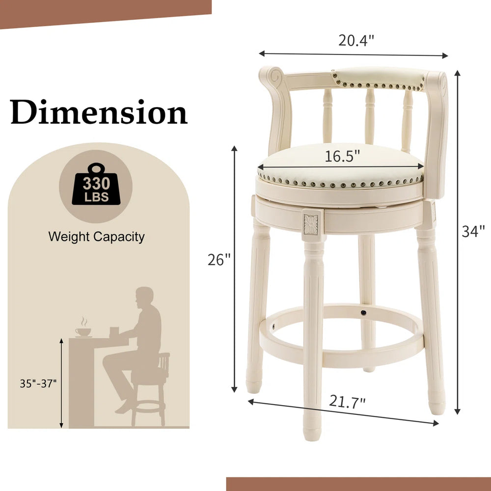 Full-Grain Leather Bar Stool Counter Height Stool Solid Wood Swivel Barchair with Footrest for Kitchen Dining Room Living Room  Wooden Bazar