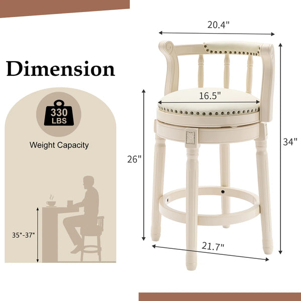 Full-Grain Leather Bar Stool Counter Height Stool Solid Wood Swivel Barchair with Footrest for Kitchen Dining Room Living Room  Wooden Bazar