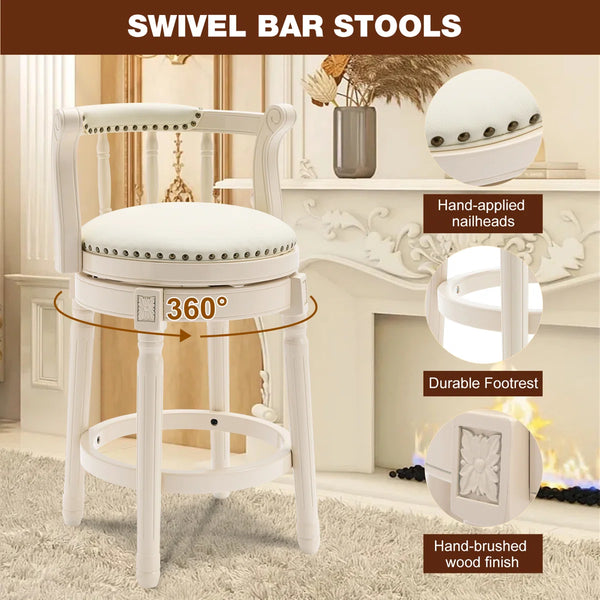 Full-Grain Leather Bar Stool Counter Height Stool Solid Wood Swivel Barchair with Footrest for Kitchen Dining Room Living Room  Wooden Bazar