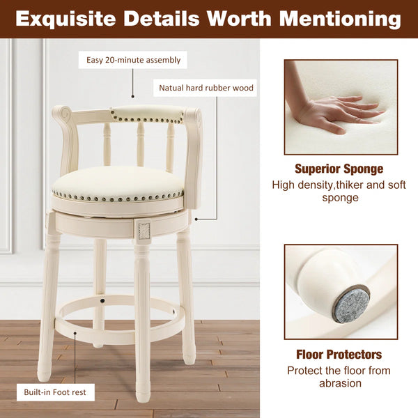 Full-Grain Leather Bar Stool Counter Height Stool Solid Wood Swivel Barchair with Footrest for Kitchen Dining Room Living Room  Wooden Bazar