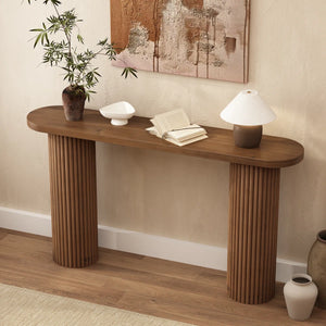 Fluted Solid Wood Console Table with Oval Top and Natural Wood Grain Finish  Wooden Bazar