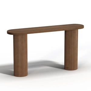 Fluted Solid Wood Console Table with Oval Top and Natural Wood Grain Finish  Wooden Bazar