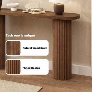 Fluted Solid Wood Console Table with Oval Top and Natural Wood Grain Finish  Wooden Bazar