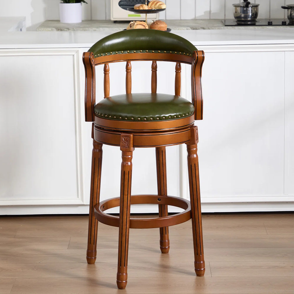 Genuine Leather Bar Stool with Solid Wood Frame - Swivel, Mid-Back Ventilated Design & Footrest  Wooden Bazar
