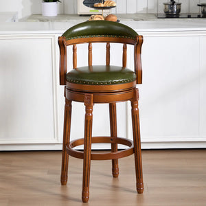 Genuine Leather Bar Stool with Solid Wood Frame - Swivel, Mid-Back Ventilated Design & Footrest  Wooden Bazar