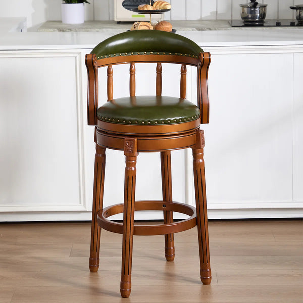Genuine Leather Bar Stool with Solid Wood Frame - Swivel, Mid-Back Ventilated Design & Footrest  Wooden Bazar