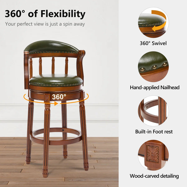 Genuine Leather Bar Stool with Solid Wood Frame - Swivel, Mid-Back Ventilated Design & Footrest  Wooden Bazar