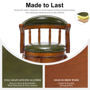 Genuine Leather Bar Stool with Solid Wood Frame - Swivel, Mid-Back Ventilated Design & Footrest  Wooden Bazar