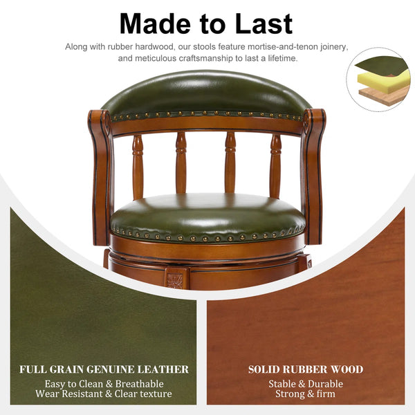 Genuine Leather Bar Stool with Solid Wood Frame - Swivel, Mid-Back Ventilated Design & Footrest  Wooden Bazar