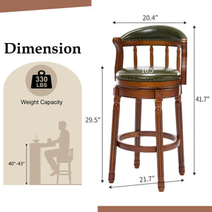 Genuine Leather Bar Stool with Solid Wood Frame - Swivel, Mid-Back Ventilated Design & Footrest  Wooden Bazar