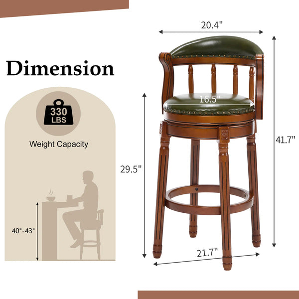 Genuine Leather Bar Stool with Solid Wood Frame - Swivel, Mid-Back Ventilated Design & Footrest  Wooden Bazar