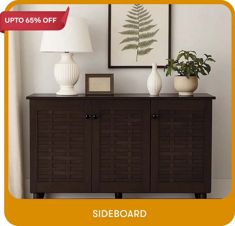 Dark brown sideboard with decorative items against a light wall.