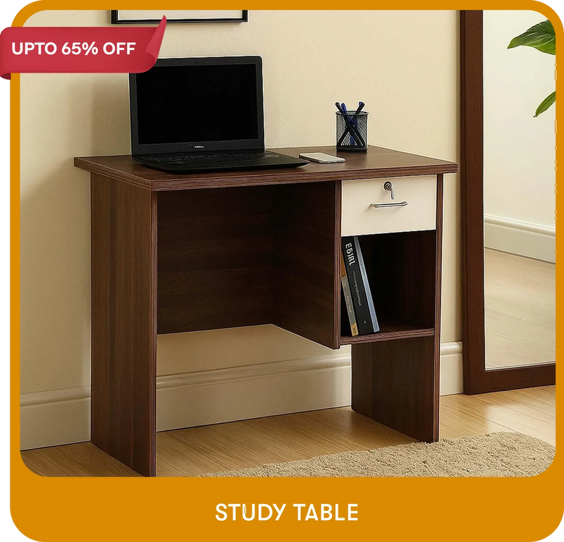 Wooden study table with a laptop, books