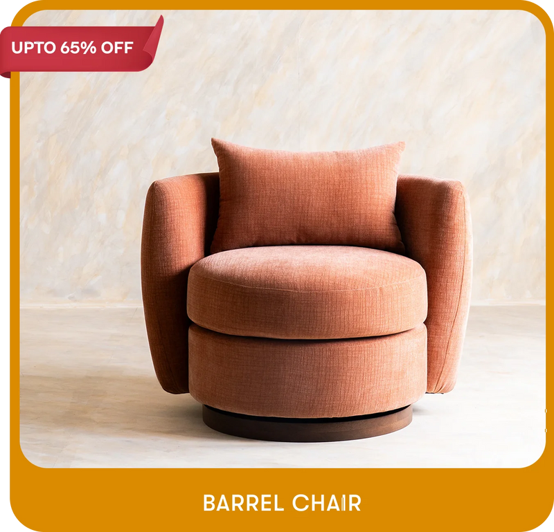 Orange barrel chair with a promotional banner on a light background