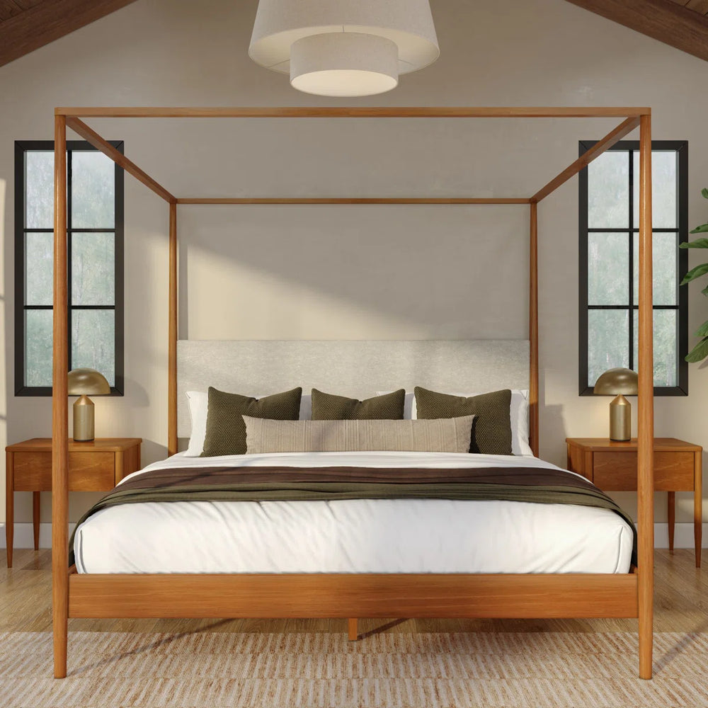 George Canopy Bed with Upholstered Headboard - Wooden Bazar