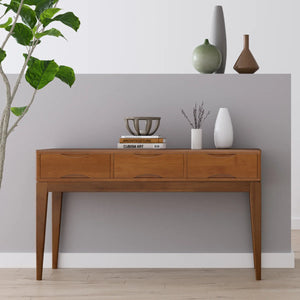 Solid Wood Mid-Century Modern Sofa Table with 3 Drawers and Tapered Legs  Wooden Bazar