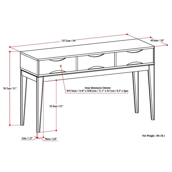 Solid Wood Mid-Century Modern Sofa Table with 3 Drawers and Tapered Legs  Wooden Bazar