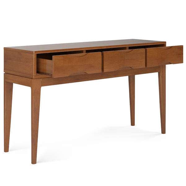 Solid Wood Mid-Century Modern Sofa Table with 3 Drawers and Tapered Legs  Wooden Bazar