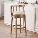Height Swivel Stool with Back, Top-Grain Leather Upholstery, Solid Wood Legs, Beige  Wooden Bazar