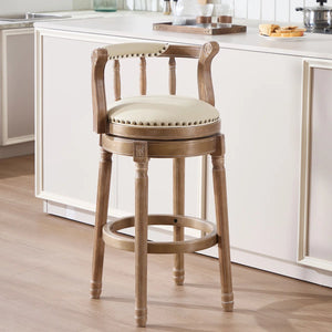 Height Swivel Stool with Back, Top-Grain Leather Upholstery, Solid Wood Legs, Beige  Wooden Bazar