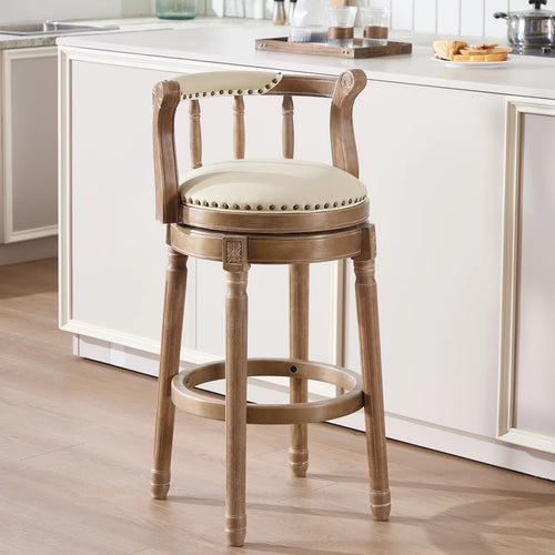 Height Swivel Stool with Back, Top-Grain Leather Upholstery, Solid Wood Legs, Beige  Wooden Bazar