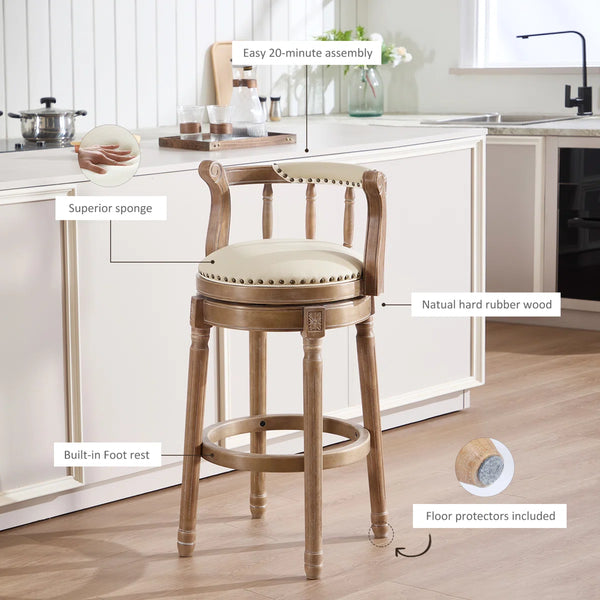 Height Swivel Stool with Back, Top-Grain Leather Upholstery, Solid Wood Legs, Beige  Wooden Bazar