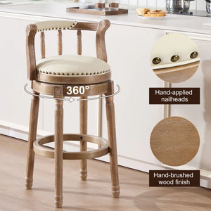 Height Swivel Stool with Back, Top-Grain Leather Upholstery, Solid Wood Legs, Beige  Wooden Bazar