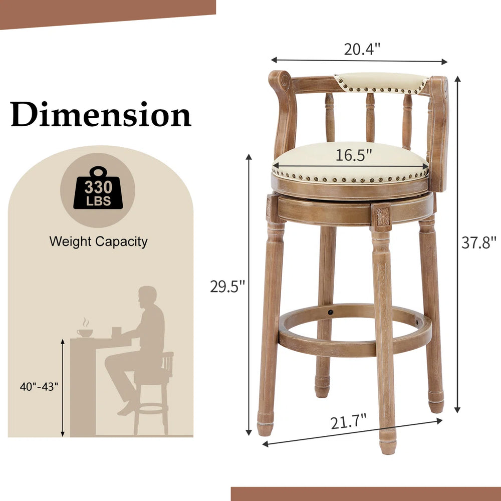 Height Swivel Stool with Back, Top-Grain Leather Upholstery, Solid Wood Legs, Beige  Wooden Bazar