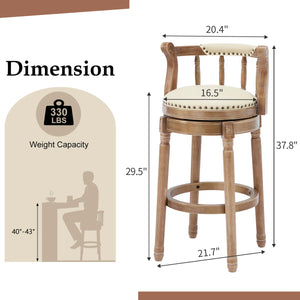 Height Swivel Stool with Back, Top-Grain Leather Upholstery, Solid Wood Legs, Beige  Wooden Bazar