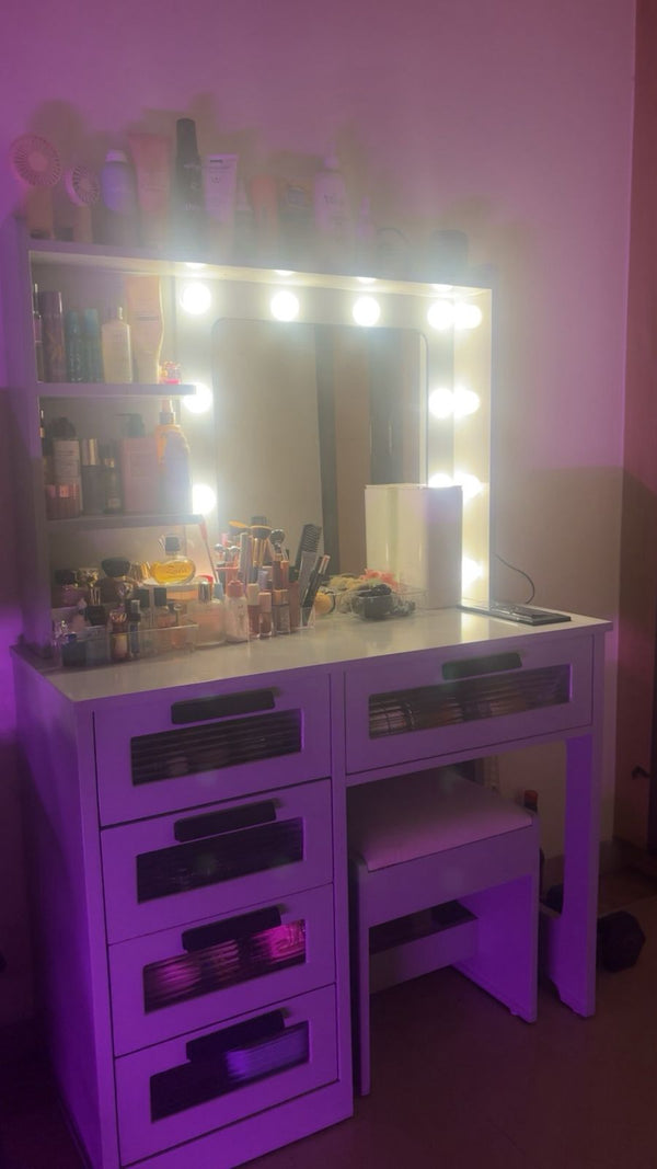 Ravan Makeup Vanity Table with 3 Color Lights & Stool Wooden Bazar