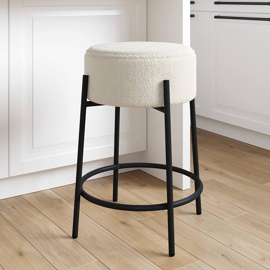 Wooden Bazar 24" Modern Backless Bar Stool with Round Soft Padded Boucle Seat and Metal Mid-Century Base, Boucle White/Black