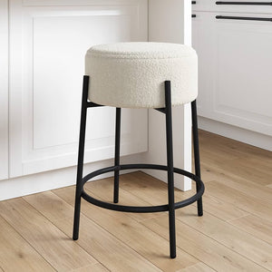 Wooden Bazar 24" Modern Backless Bar Stool with Round Soft Padded Boucle Seat and Metal Mid-Century Base, Boucle White/Black