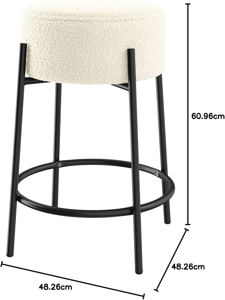 Wooden Bazar 24" Modern Backless Bar Stool with Round Soft Padded Boucle Seat and Metal Mid-Century Base, Boucle White/Black