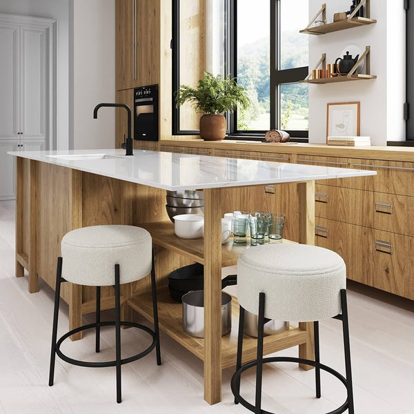 Wooden Bazar 24" Modern Backless Bar Stool with Round Soft Padded Boucle Seat and Metal Mid-Century Base, Boucle White/Black