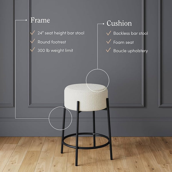 Wooden Bazar 24" Modern Backless Bar Stool with Round Soft Padded Boucle Seat and Metal Mid-Century Base, Boucle White/Black