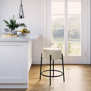 Wooden Bazar 24" Modern Backless Bar Stool with Round Soft Padded Boucle Seat and Metal Mid-Century Base, Boucle White/Black