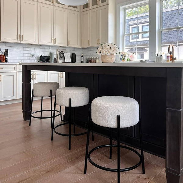 Wooden Bazar 24" Modern Backless Bar Stool with Round Soft Padded Boucle Seat and Metal Mid-Century Base, Boucle White/Black