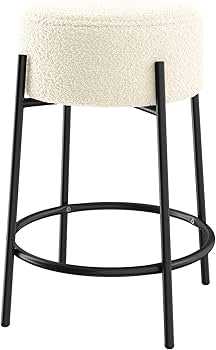 Wooden Bazar 24" Modern Backless Bar Stool with Round Soft Padded Boucle Seat and Metal Mid-Century Base, Boucle White/Black