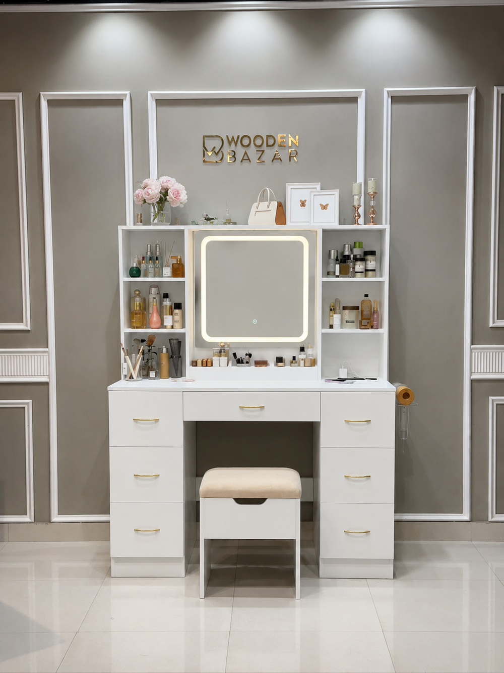 Jammie Vanity Dressing Table With Lighted Mirror And Stool White