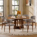 Hevals Round Wooden 5ft Dining Table with 6 Linen Dining Chair