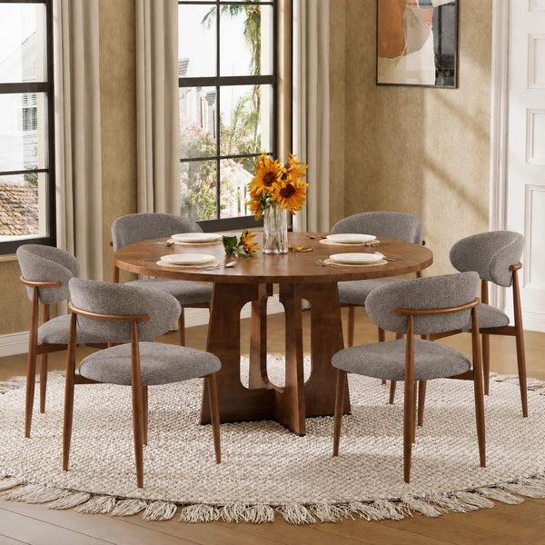 Hevals Round Wooden 5ft Dining Table with 6 Linen Dining Chair