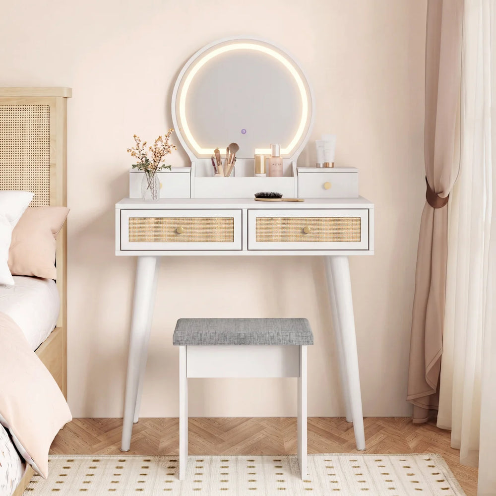 Iesa Boho Natural Rattan Vanity with LED Mirror and Stool  Wooden Bazar