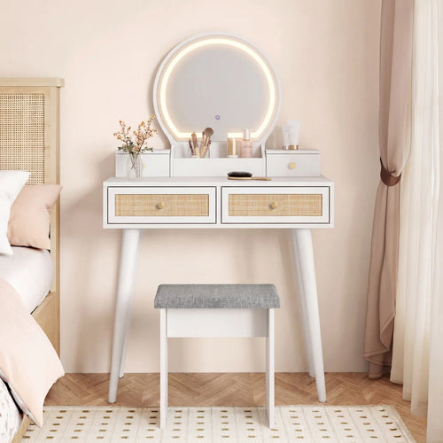 Iesa Boho Natural Rattan Vanity with LED Mirror and Stool  Wooden Bazar