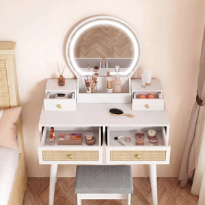 Iesa Boho Natural Rattan Vanity with LED Mirror and Stool  Wooden Bazar