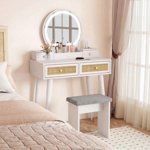Iesa Boho Natural Rattan Vanity with LED Mirror and Stool  Wooden Bazar