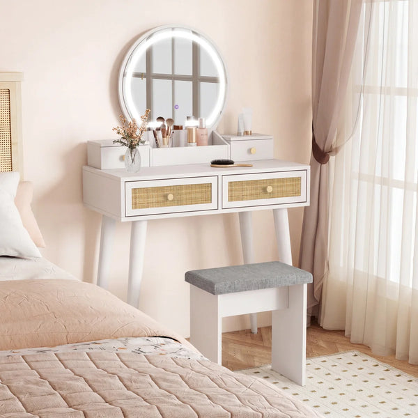 Iesa Boho Natural Rattan Vanity with LED Mirror and Stool  Wooden Bazar